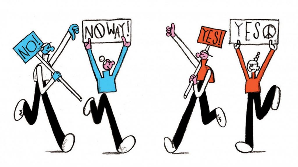 Illustration by Daniel Savage of protesters holding signs that say YES and NO WAY