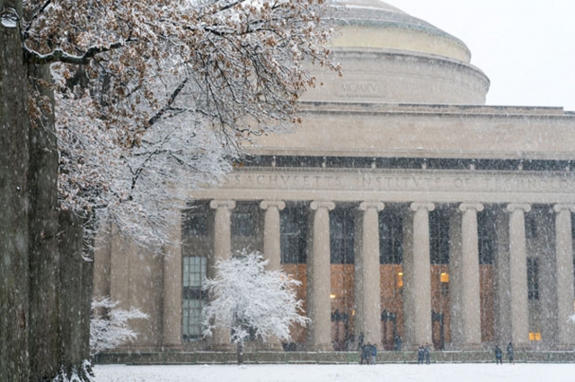 Snow falling on MIT campus and the dome