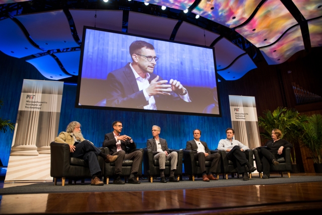 A panel chaired by MIT Associate Professor Noelle Selin, right, featured, from left, Ray Pierrehumbert of Oxford University, David McGee of MIT, Tapio Schneider of Caltech, Nicolas Gruber of ETH Zurich, and Paul O'Gorman of MIT.