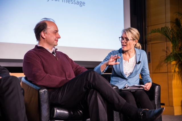 Professor of Engineering Vladimir Bulovic, director of MIT.nano, discusses progress in photovoltaics with moderator Jessika Trancik, associate professor of energy studies at MIT. Image: Jake Belcher