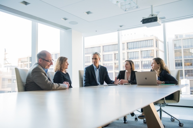 MIT Schwarzman College of Computing leadership team (left to right) David Kaiser, Daniela Rus, Dan Huttenlocher, Julie Shah, and Asu Ozdaglar. Photo: Sarah Bastille