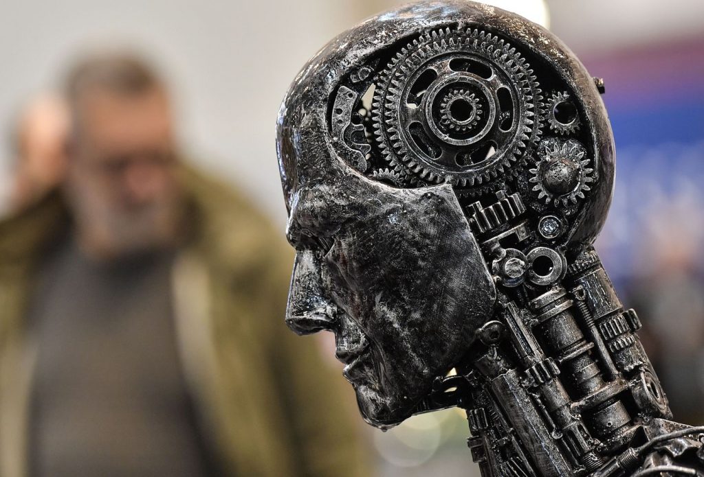 A metal head made of motor parts symbolizes artificial intelligence at the 2019 Essen Motor Show.MARTIN MEISSNER/ASSOCIATED PRESS